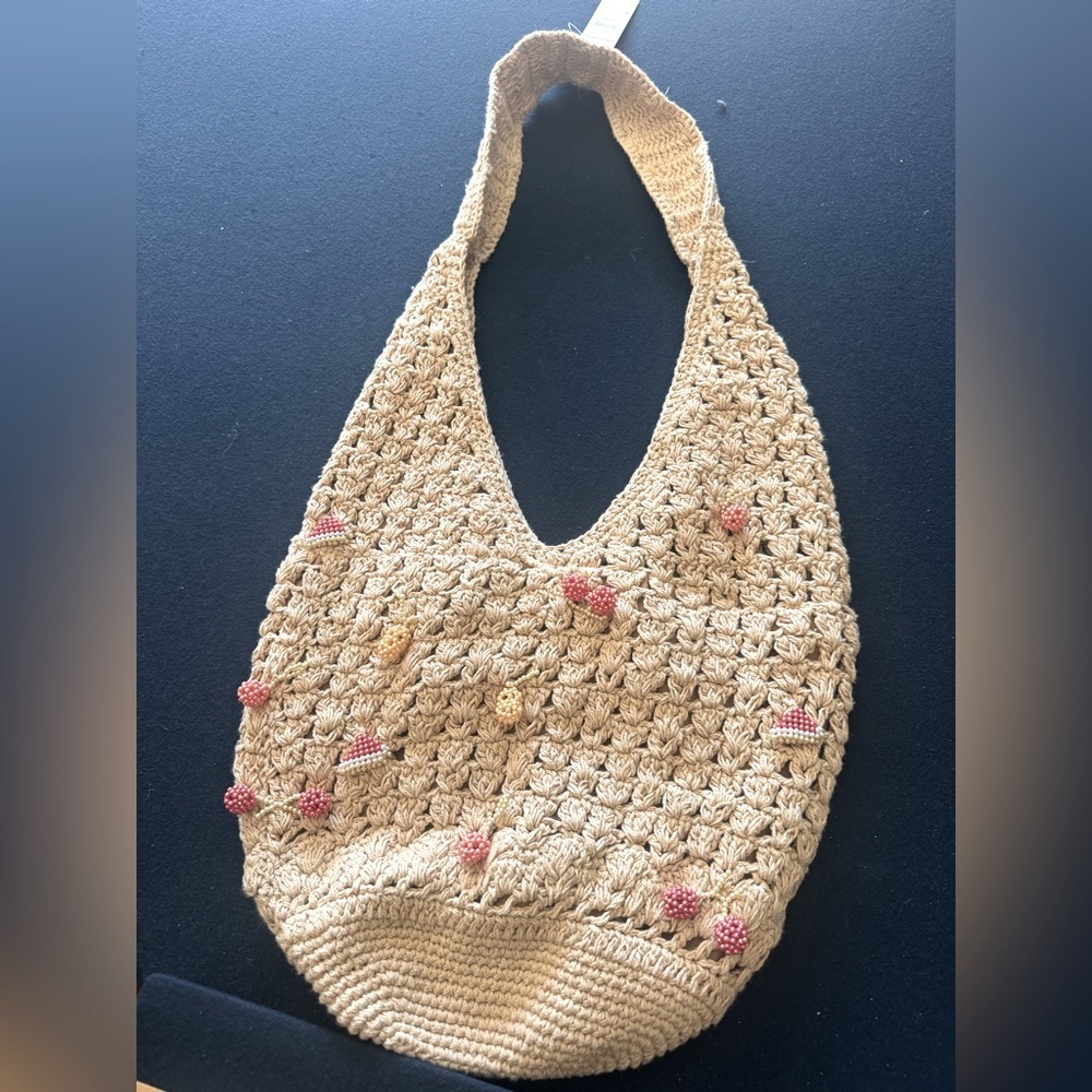 Handcrafted Beige Crochet Bag w/ beaded fruits! Each is unique, neutral coloring